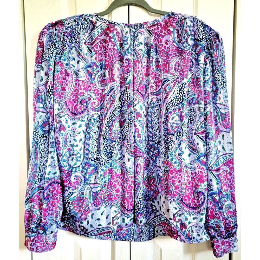 Tess 1X-2X Vtg 80's Blouse Purple Paisley Paris/Milano (MISSING 1 BUTTON) PROP‎